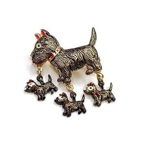 Scotty Dog Brooch Dangling Puppies Fun Whimsical Goldtone Black Red Schnauzer